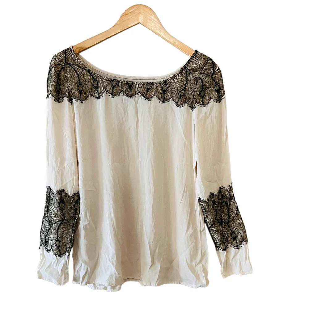 JayGodffrey Lace Detail Long Sleeves Top Size 6 Cream Black - Picture 2 of 7